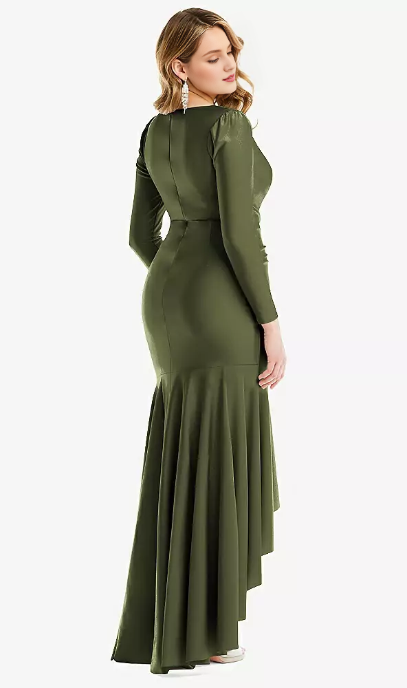 Long sleeved pleated wrap with ruffled edges high and low  satin Prom dress